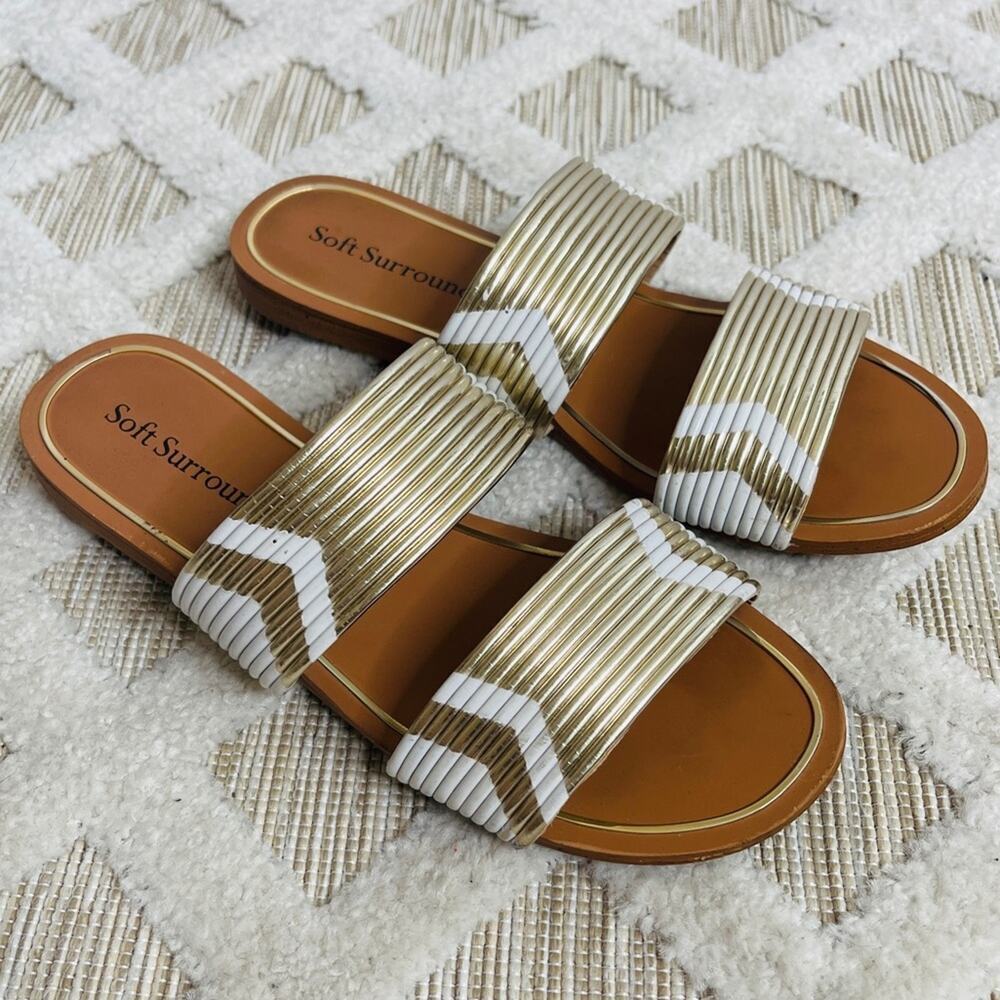 Soft Surroundings Gold/White Metallic Oro Sandal Slip On Flat Slides Size 7